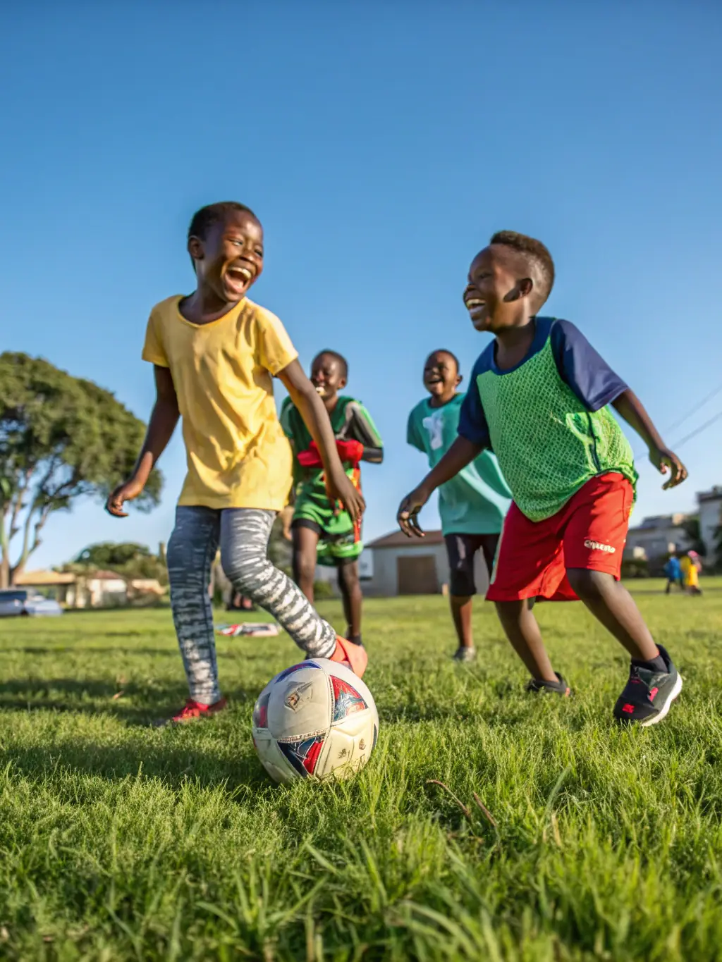 An action shot of children playing football during a training session, showcasing teamwork and fun.