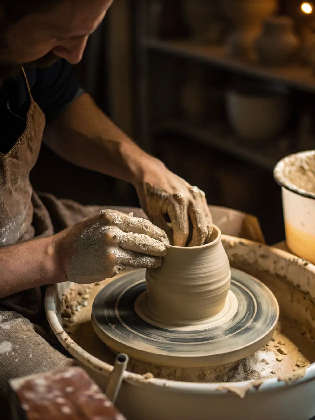 A vibrant photograph capturing participants actively engaged in a pottery workshop at the Public Washhouse, showcasing the hands-on learning experience and creative atmosphere.