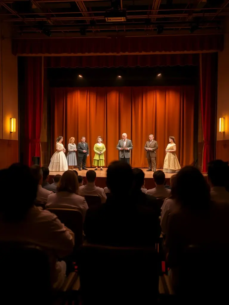 A dynamic image of a theatrical performance taking place at the Public Washhouse, featuring diverse actors and a captivated audience, emphasizing the association's commitment to performing arts.