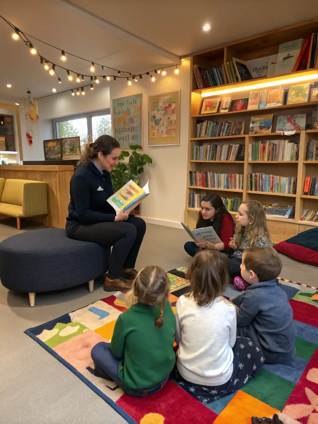 A heartwarming photo of children participating in a storytelling session at the Public Washhouse, with a focus on their attentive faces and the engaging storyteller, emphasizing the association's focus on youth engagement.