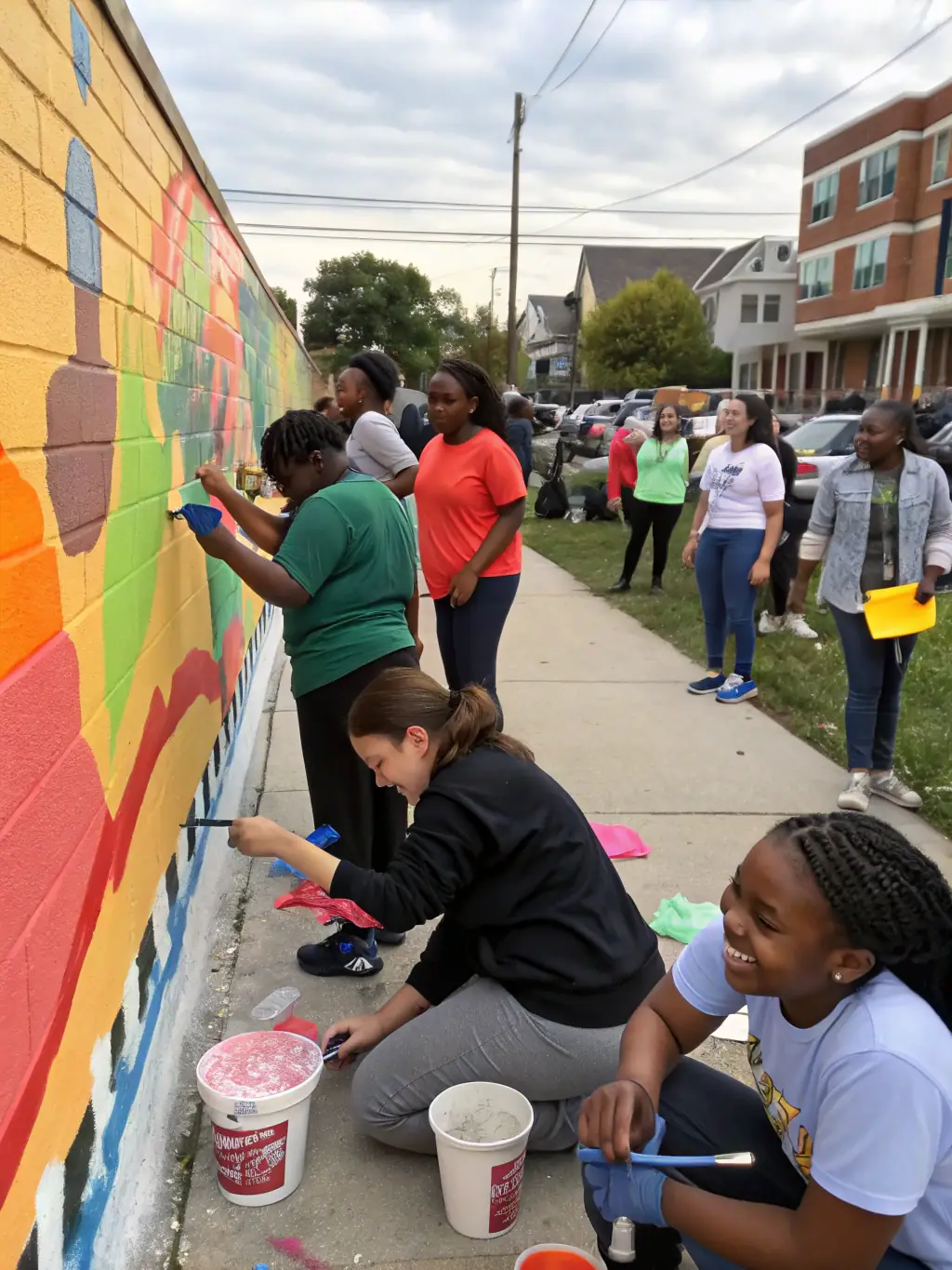 A photograph capturing a community mural painting event at the Public Washhouse, with participants of all ages collaborating on a large-scale artwork.