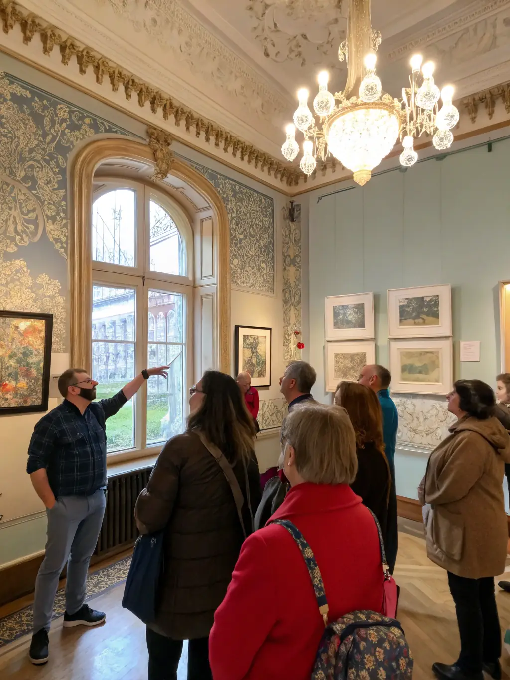 A visually appealing shot of an art exhibition held at the Public Washhouse, displaying a variety of artworks and visitors appreciating the display, highlighting the association's support for visual arts.