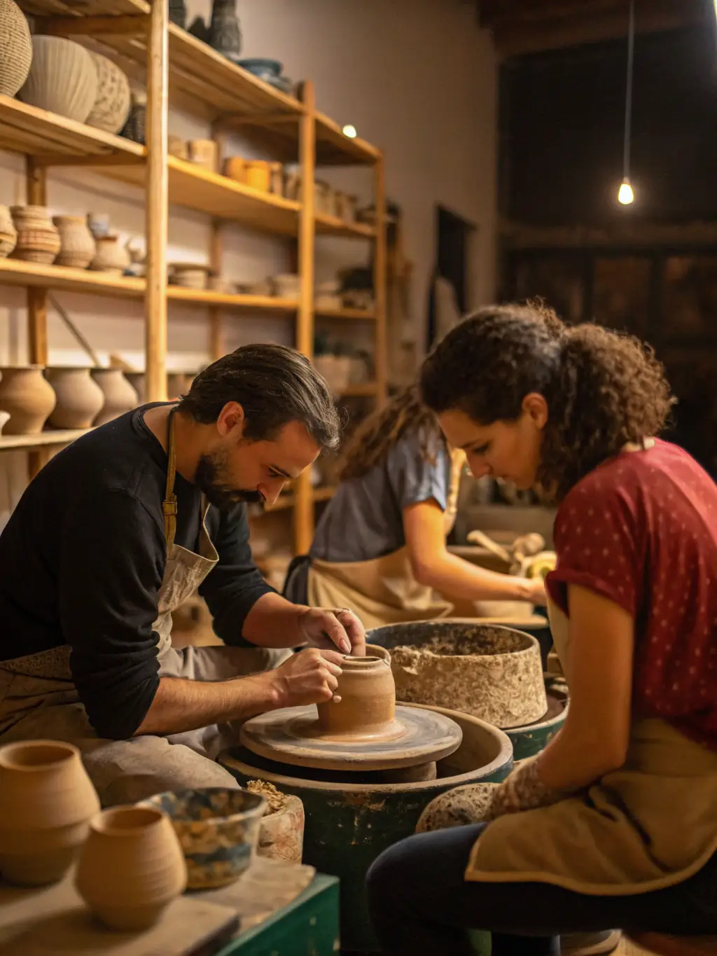 A photograph capturing a pottery workshop in progress at the Public Washhouse, showcasing participants molding clay with guidance from an instructor.