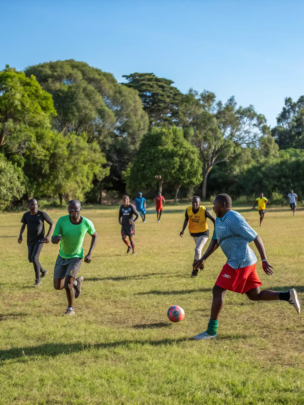 A group of individuals with intellectual disabilities participating in a sports activity, such as basketball or soccer, promoting physical fitness and teamwork.
