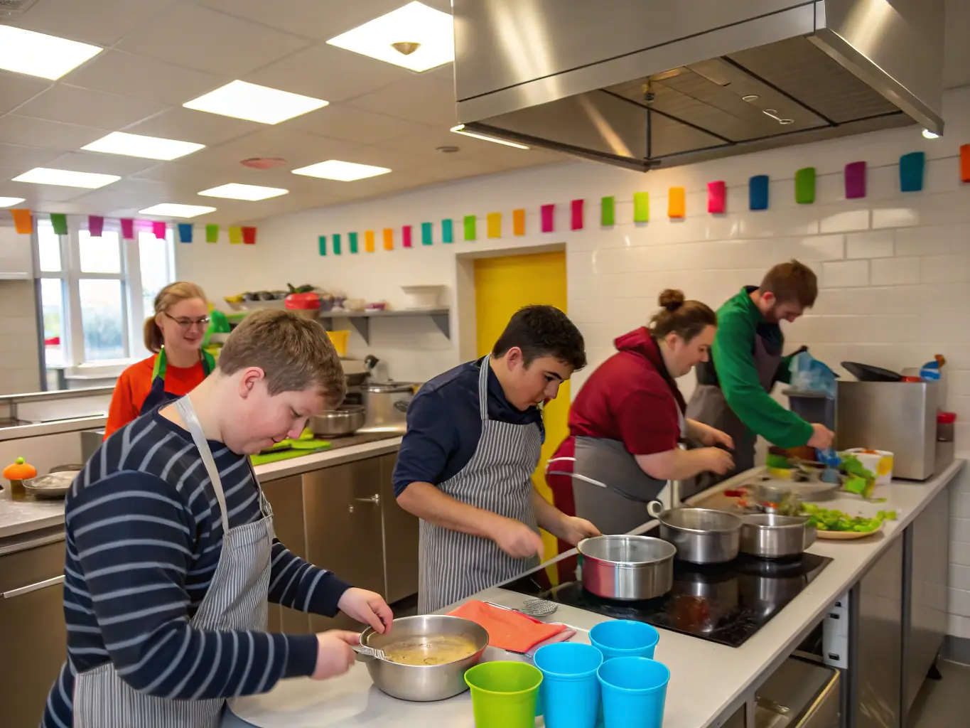 A group of individuals participating in a cooking class, smiling and engaged, representing the life skills program offered by AFAPEI DU CALAISIS.