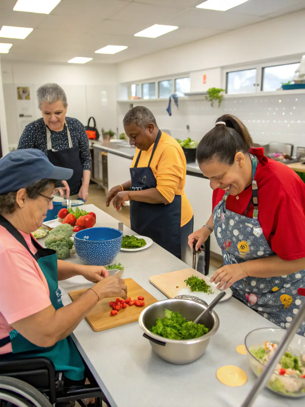 A group of adults with intellectual disabilities participating in a cooking class, smiling and engaged, with a chef assisting them.