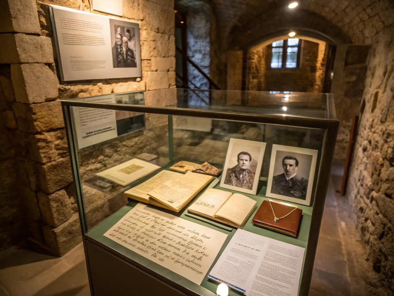 A display case inside the Marcillieux museum featuring a collection of antique kitchen utensils and household items, representing the everyday life of families in the Plaine de l'Ain before 1965.