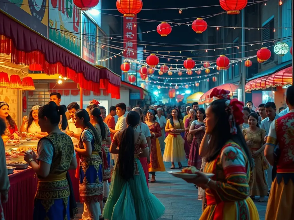 A photograph capturing a lively cultural event organized by PATRIMOINE, CULTURE ET TRADITIONS, featuring traditional music, dance, and local cuisine, with community members celebrating their shared heritage.