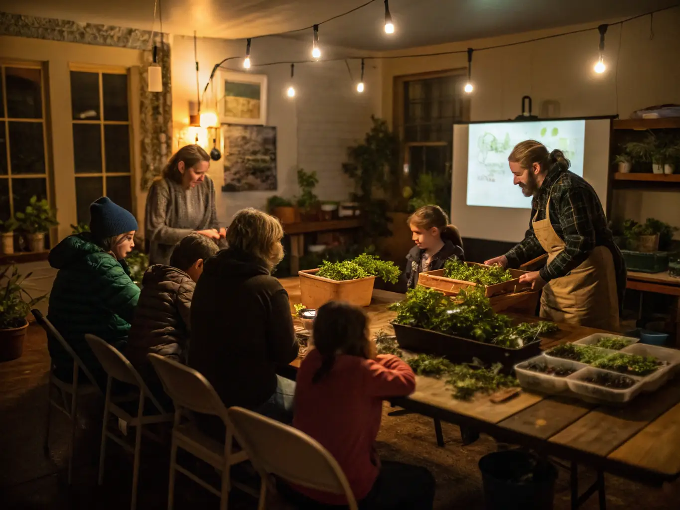 A photograph capturing a workshop session at PATRIMOINE, CULTURE ET TRADITIONS, where participants are actively engaged in learning about traditional agricultural techniques, surrounded by vintage tools and equipment.