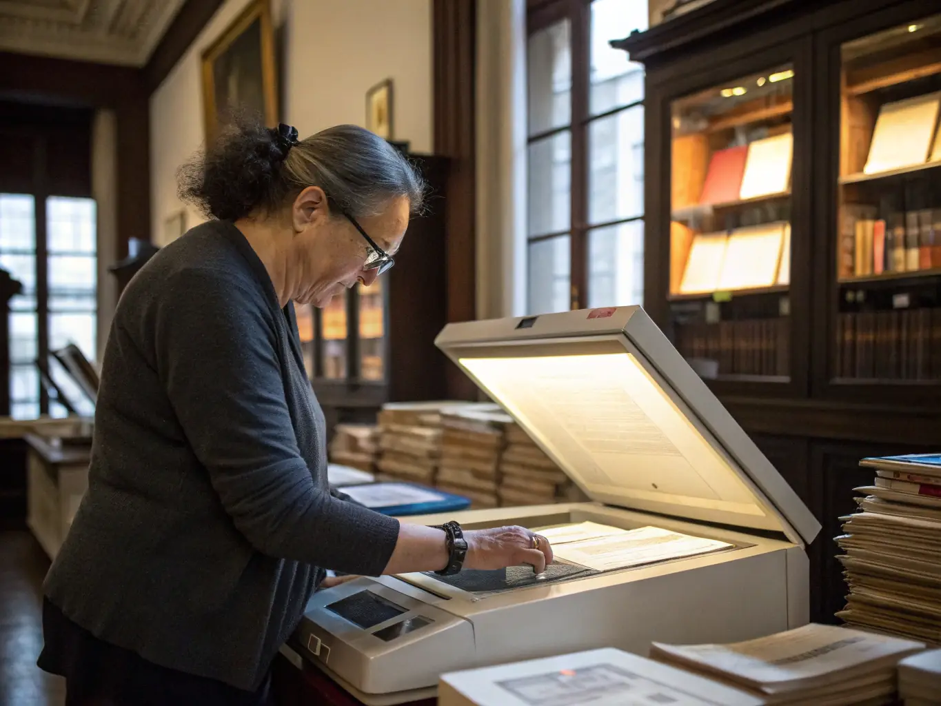 A photograph depicting researchers examining historical documents in the PATRIMOINE, CULTURE ET TRADITIONS archive, showcasing the organization's commitment to uncovering and preserving local history.