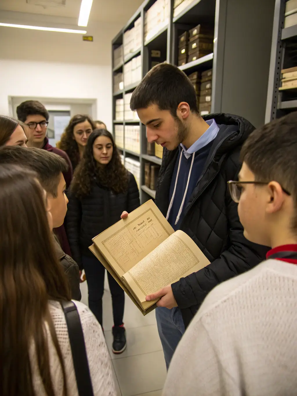 A group of volunteers researching historical documents in the local archive, showcasing the society's dedication to uncovering local history.